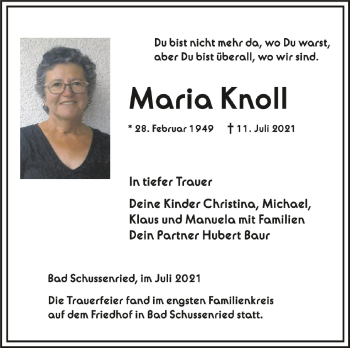 Anzeige von Maria Knoll von Schwäbische Zeitung