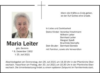Anzeige von Maria Leiter von Schwäbische Zeitung