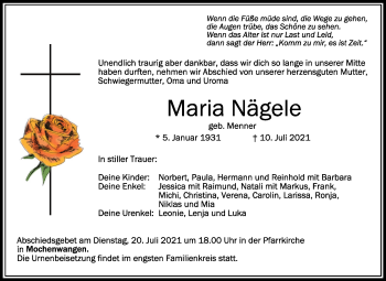 Anzeige von Maria Nägele von Schwäbische Zeitung