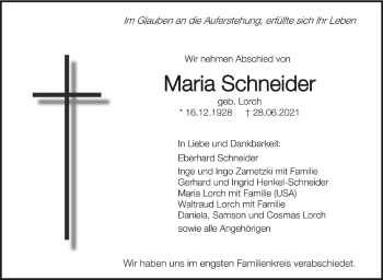 Anzeige von Maria Schneider von Schwäbische Zeitung