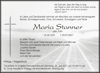 Anzeige von Maria Stanner von Schwäbische Zeitung