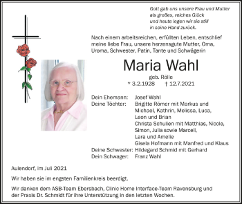 Anzeige von Maria Wahl von Schwäbische Zeitung