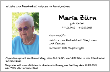 Anzeige von Maria Zürn von Schwäbische Zeitung
