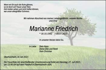 Anzeige von Marianne Friedrich von Schwäbische Zeitung