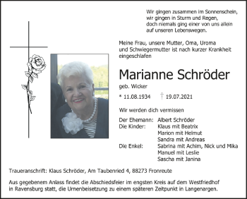 Anzeige von Marianne Schröder von Schwäbische Zeitung