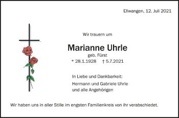 Anzeige von Marianne Uhrle von Schwäbische Zeitung
