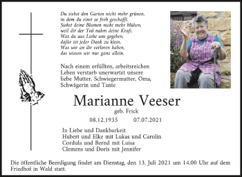Anzeige von Marianne Veeser von Schwäbische Zeitung