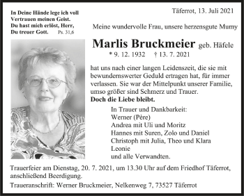 Anzeige von Marlis Bruckmeier von Schwäbische Zeitung