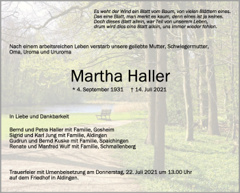 Anzeige von Martha Haller von Schwäbische Zeitung
