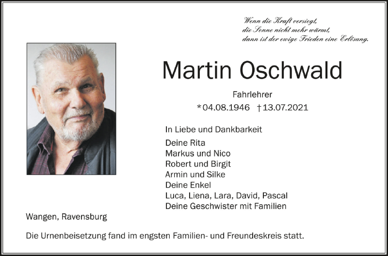 Traueranzeige für Martin Oschwald vom 24.07.2021 aus Schwäbische Zeitung
