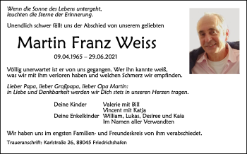 Anzeige von Martin Franz Weiss von Schwäbische Zeitung