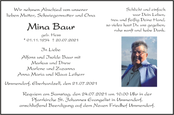 Anzeige von Mina Bauer von Schwäbische Zeitung