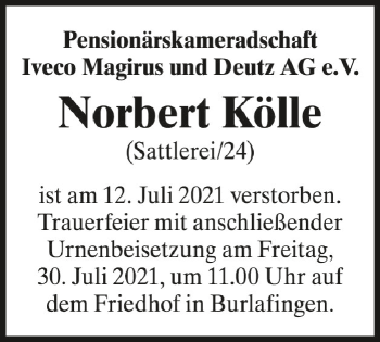 Anzeige von Norbert Kölle von Schwäbische Zeitung