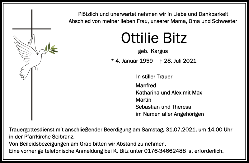  Traueranzeige für Ottilie Bitz vom 30.07.2021 aus Schwäbische Zeitung