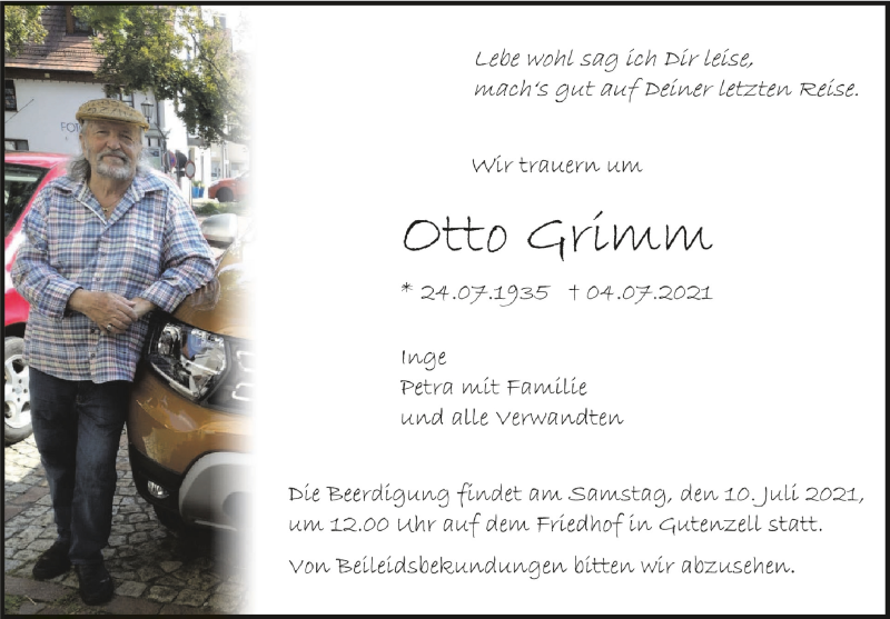  Traueranzeige für Otto Grimm vom 09.07.2021 aus Schwäbische Zeitung
