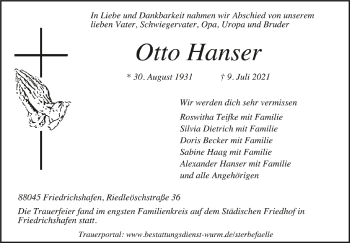Anzeige von Otto Hanser von Schwäbische Zeitung