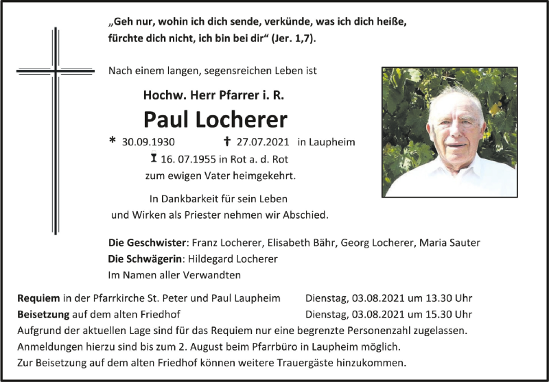  Traueranzeige für Paul Locherer vom 30.07.2021 aus Schwäbische Zeitung