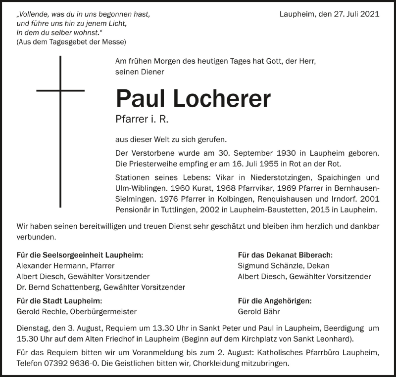  Traueranzeige für Paul Locherer vom 29.07.2021 aus Schwäbische Zeitung
