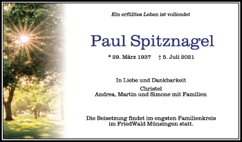 Anzeige von Paul Spitznagel von Schwäbische Zeitung