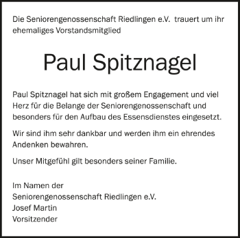 Anzeige von Paul Spitznagel von Schwäbische Zeitung