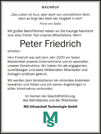 Anzeige von Peter Friedrich von Schwäbische Zeitung