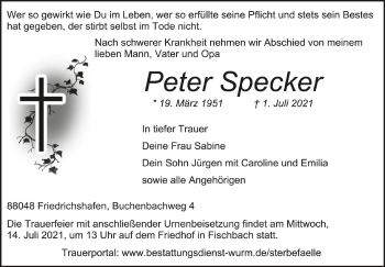 Anzeige von Peter Specker von Schwäbische Zeitung
