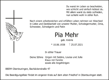 Anzeige von Pia Mehr von Schwäbische Zeitung