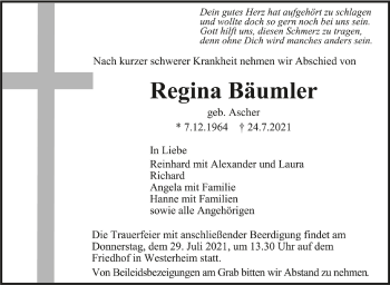 Anzeige von Regina Bäumler von Schwäbische Zeitung