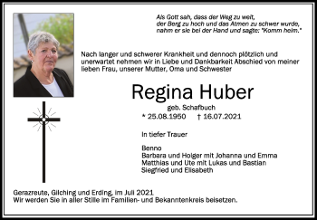 Anzeige von Regina Huber von Schwäbische Zeitung
