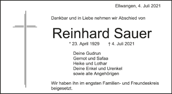 Anzeige von Reinhard Sauer von Schwäbische Zeitung