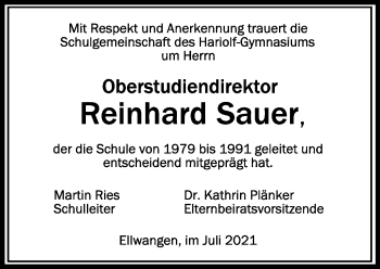Anzeige von Reinhard Sauer von Schwäbische Zeitung