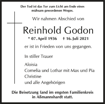 Anzeige von Reinhold Godon von Schwäbische Zeitung