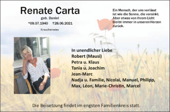 Anzeige von Renate Carta von Schwäbische Zeitung