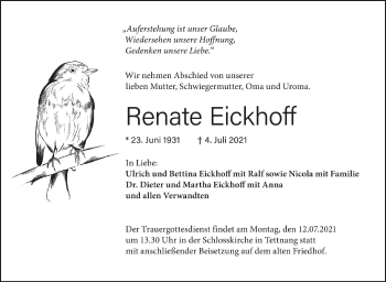 Anzeige von Renate Eickhoff von Schwäbische Zeitung