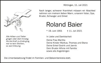 Anzeige von Roland Baier von Schwäbische Zeitung
