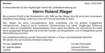 Anzeige von Roland Rieger von Schwäbische Zeitung