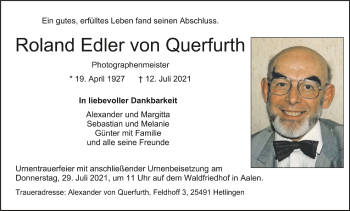 Anzeige von Roland Edler von Querfurth von Schwäbische Zeitung
