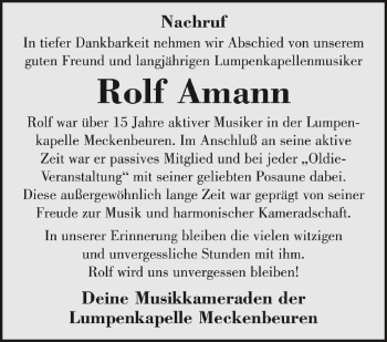 Anzeige von Rolf Amann von Schwäbische Zeitung