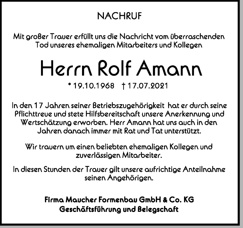  Traueranzeige für Rolf Amann vom 26.07.2021 aus Schwäbische Zeitung