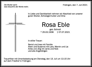 Anzeige von Rosa Eble von Schwäbische Zeitung
