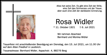 Anzeige von Rosa Widler von Schwäbische Zeitung