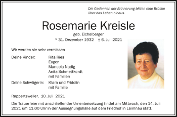 Anzeige von Rosemarie Kreisle von Schwäbische Zeitung