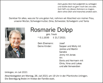 Anzeige von Rosmarie Dolpp von Schwäbische Zeitung