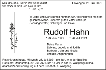 Anzeige von Rudolf Hahn von Schwäbische Zeitung