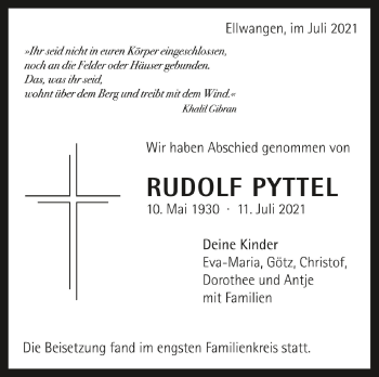 Anzeige von Rudolf Pyttel von Schwäbische Zeitung