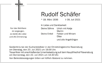 Anzeige von Rudolf Schäfer von Schwäbische Zeitung