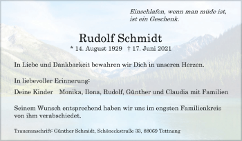 Anzeige von Rudolf Schmidt von Schwäbische Zeitung