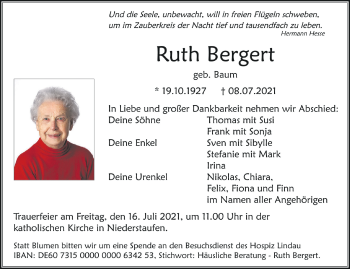 Anzeige von Ruth Bergert von Schwäbische Zeitung