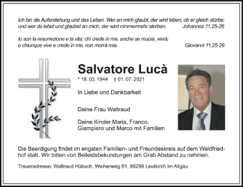 Anzeige von Salvatore Lucà von Schwäbische Zeitung