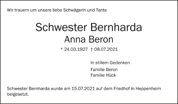 Anzeige von Schwester Bernharda  von Schwäbische Zeitung